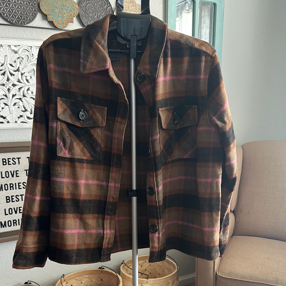 BB Dakota by Steve Madden Plaid Shacket in Brown and Pink